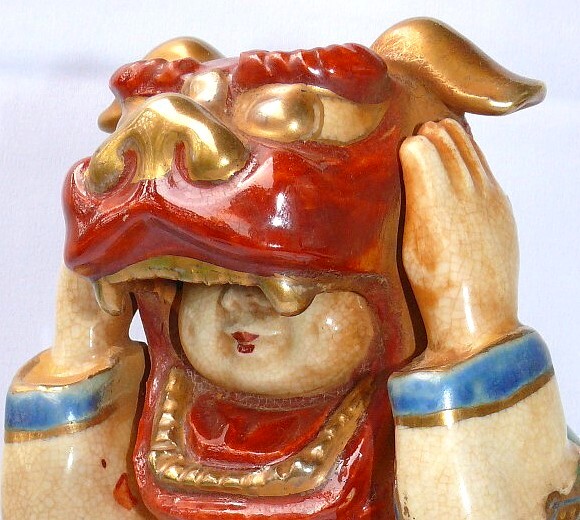 japanese antique Imari censer in shape of a little boy with Lion mask, Edo period