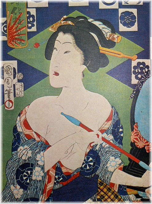 geisha with smoking pipe, Japanese wood-block print ukiyo-e