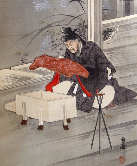 Sugawara no Michizane in exile, Japanese antique picture on scroll by HOSAI (1848 - 1920)