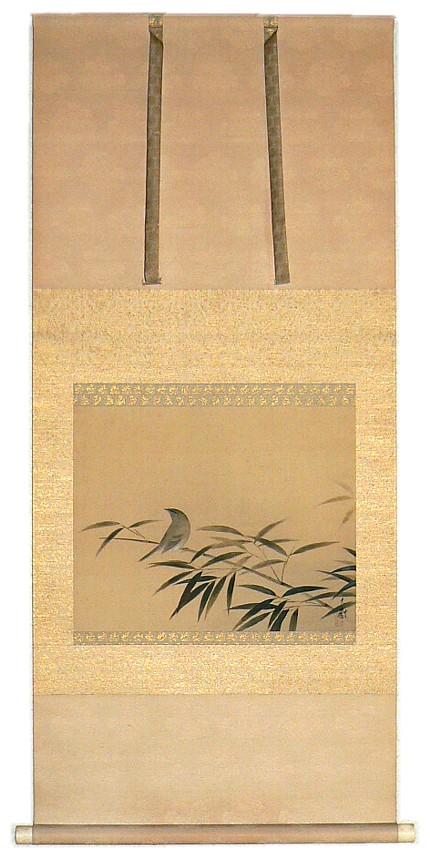 Nightingale on Bamboo, Japanese antique picture on scroll by Taiju, 1920'
