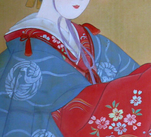 Dancing Lady, Japanese antique picture on scroll, 1920's, detail