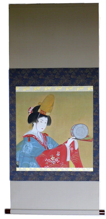 japanese painting on scroll Lady dancing with fan, paper, silk, color ink