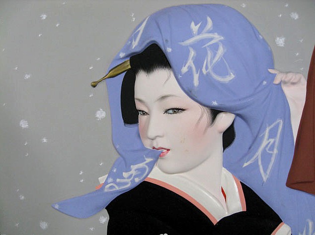 geisha with blue scarf, Japanese Hakata framed relief, 1960's