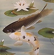 Japanese antique picture on scroll Two Fishes on a pond with Water Lilies, 1920-30's