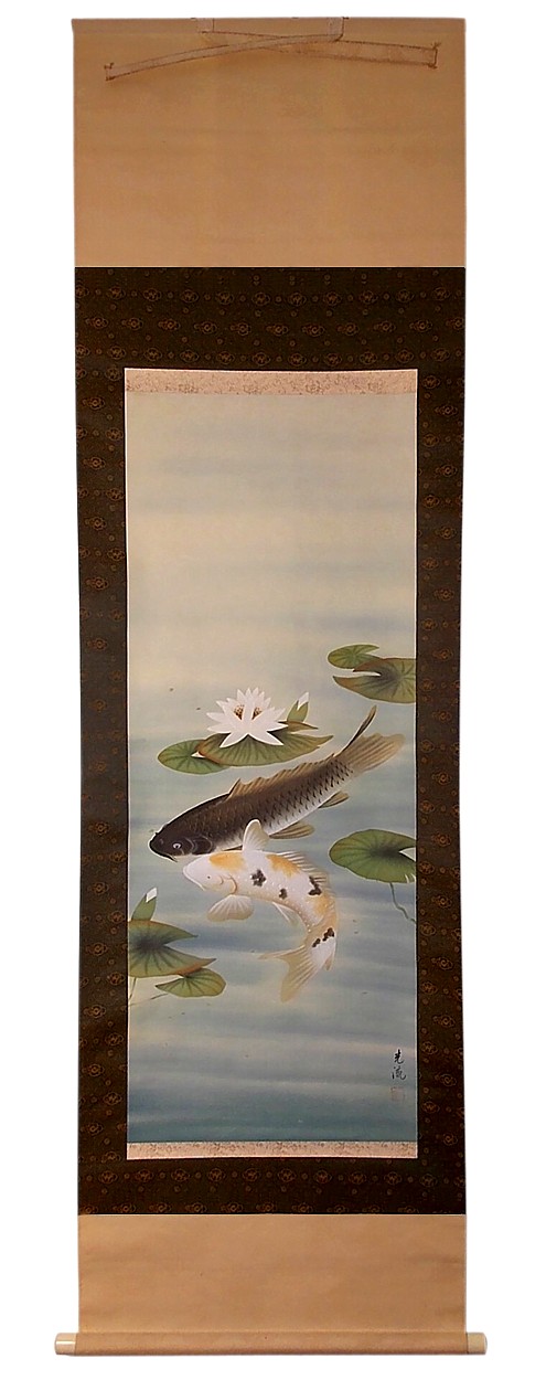 Japanese antique picture on scroll Two Fishes in a pond with water lilies by Ko-Ryu
