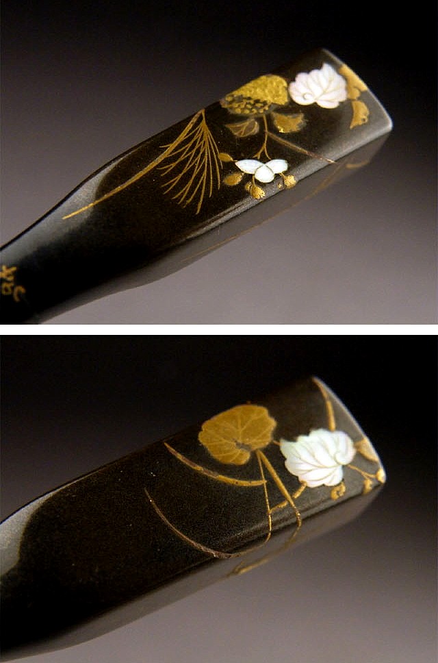 japanese antique pull-apart hair pin with gold and mother-of-pearl inlay