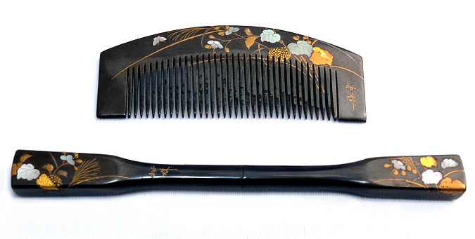 japanese antique tortoise shell hair comb and hair pin with mother-of-pearl and gold inlay, late Edo era