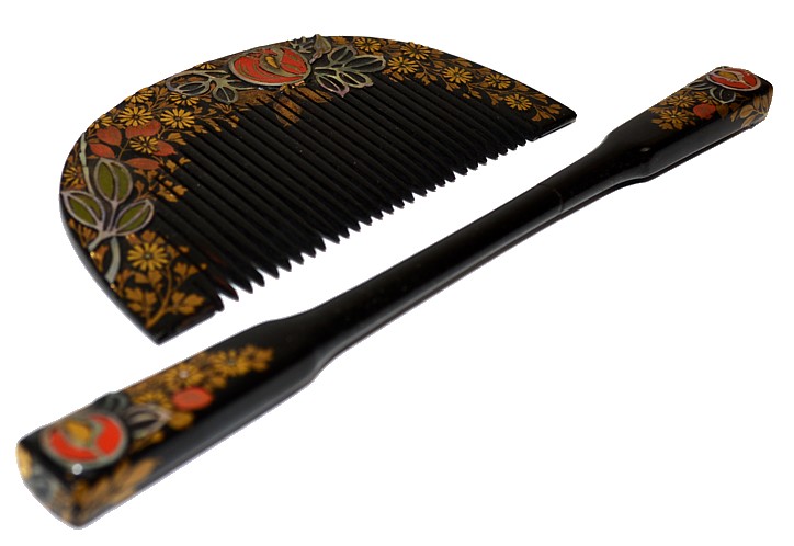 Japanese wooden hand-painted comb and pull-apart hair pin, 1950's