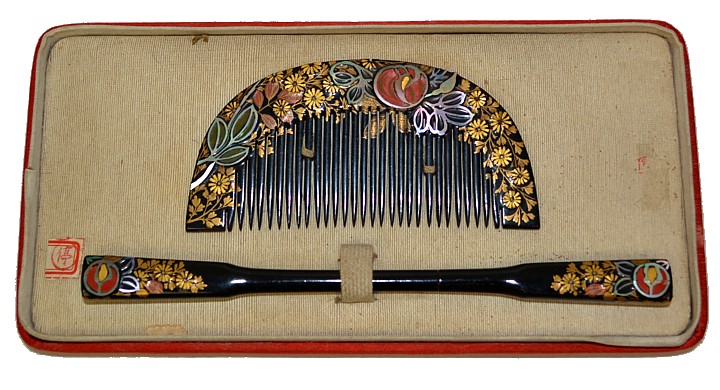 Japanese wooden comb hand-painted with golden flowers and persimmon motif