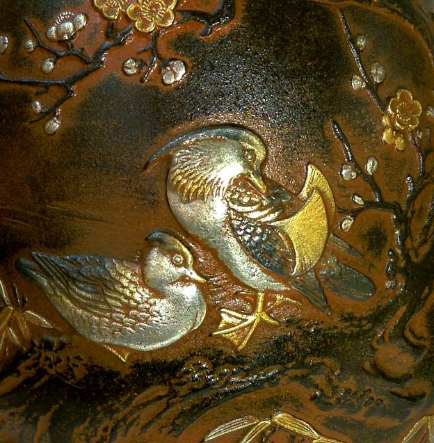 japanese bronze vase with Mandarin Ducks relief, 1920's. details