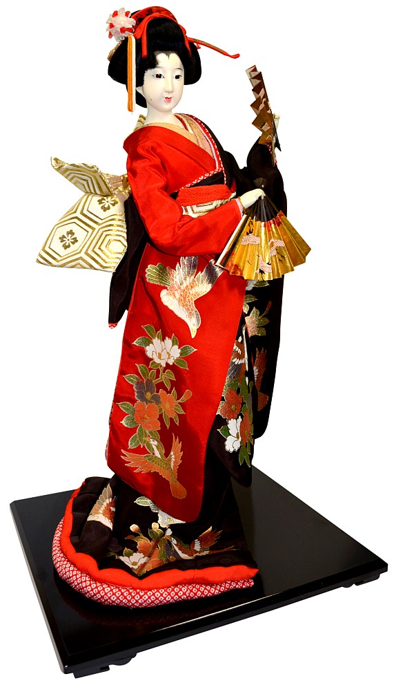 Japanese tradiitional doll of a danciing woman with two golden fans, vintage
