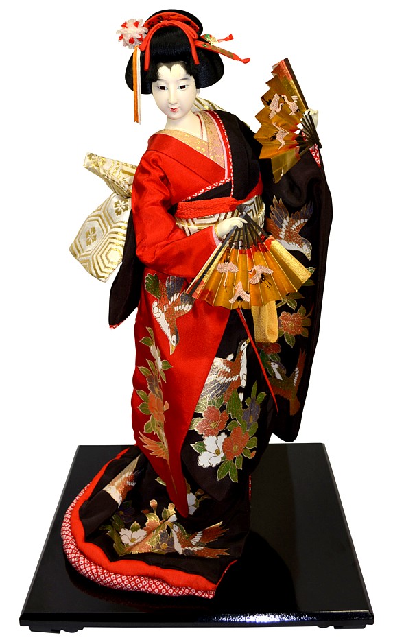 Japanese collectible doll dresses with wonderful kimono and with two fans