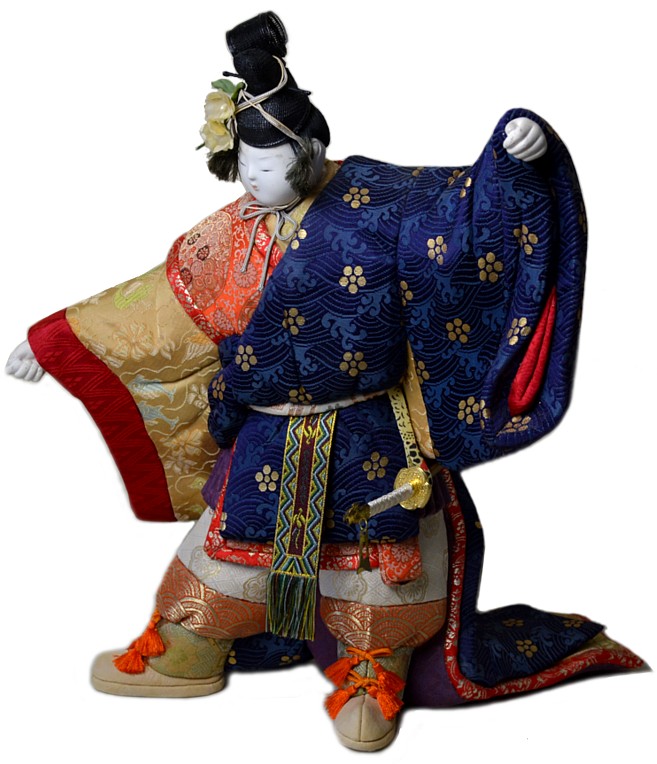 japanese kimekomi doll of a nobleman dancing, 1950's