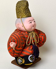japanese antique kimekomi doll of a courtier boy with hiht golden hat