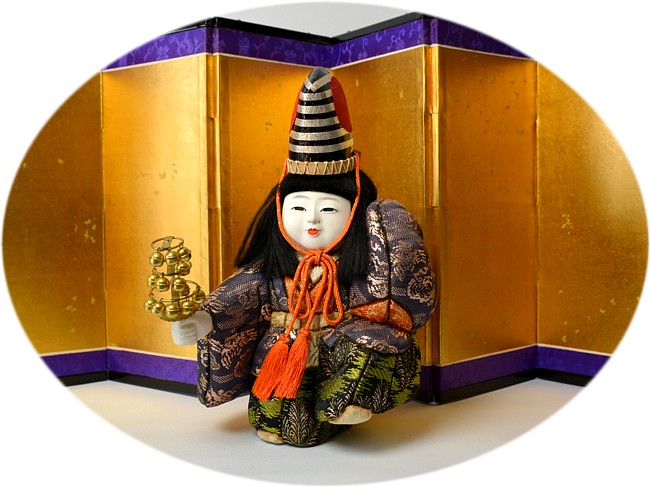 japanese antique kimekomi doll and japanese folding screen
