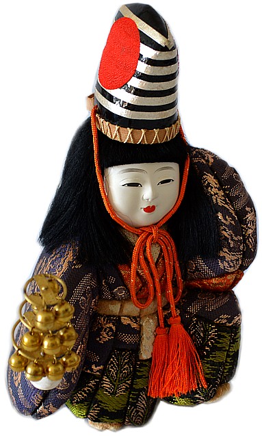 japanese kimekomi doll of a boy dancing with a rattle, 1950's