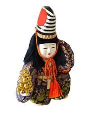 japanese antique doll of a courtier boy  with bell