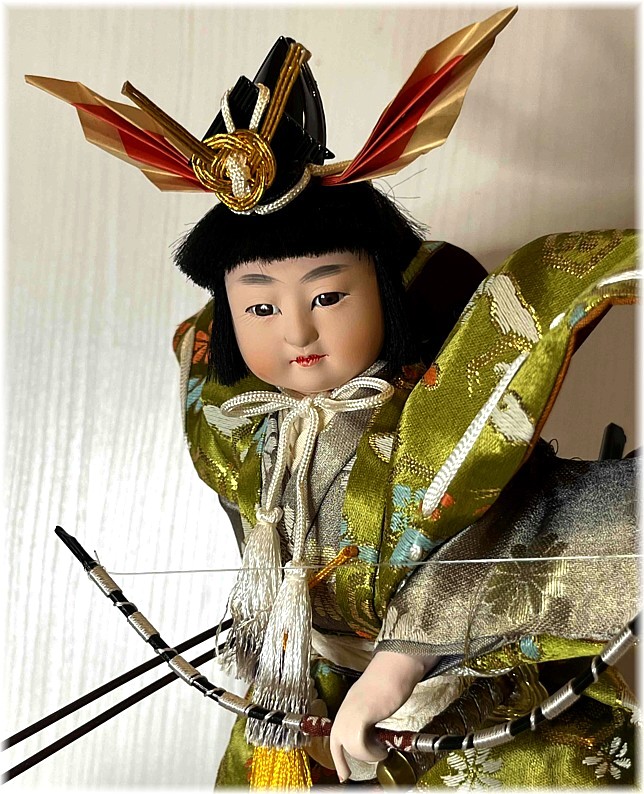 Japanese ntique  doll of a Young Samurai  with big bow and arrows, 1930's
