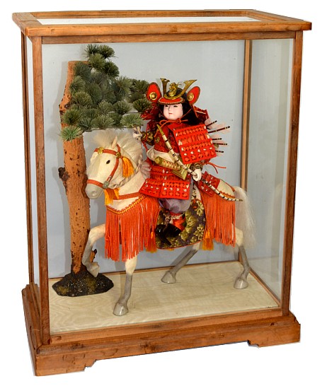 japanese antique samurai doll in glass case