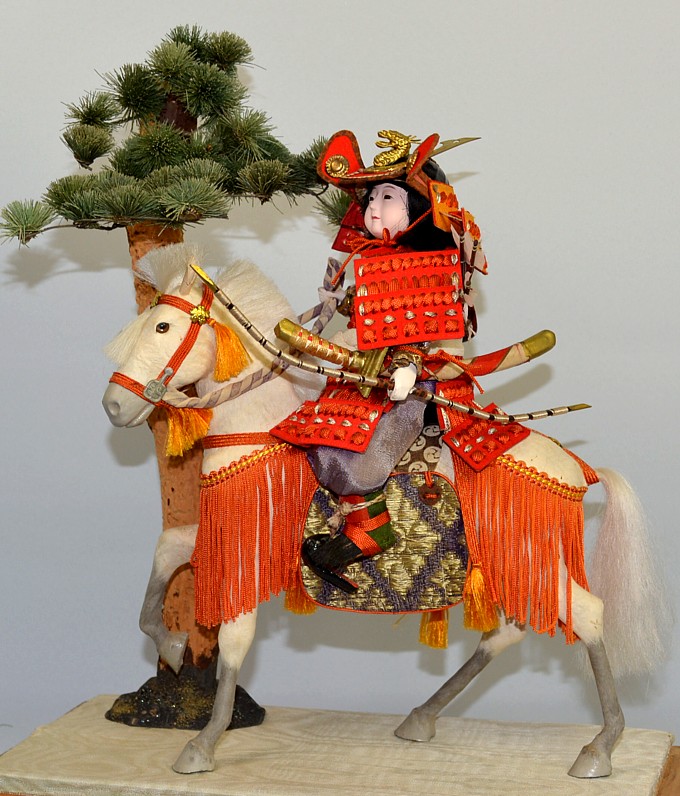 samurai on white battle horse, japanese antique doll