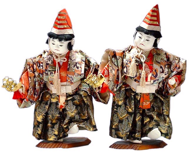 japanese antique pair of boys dolls in high hats