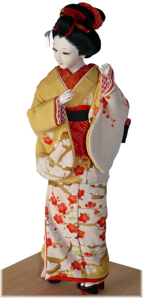 Japanese antique silk face doll in yellow kimono, 1950's