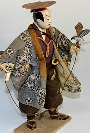 japanese antique doll of a Nobleman in hunting attire and with falcon in his hand, 1850's