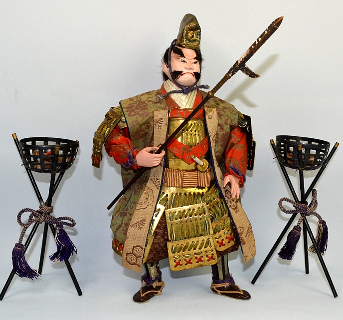 japanese antique doll of a Samurai warrior with a spear, Meiji era