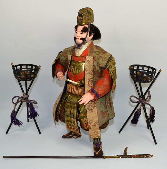 samurai warrior with spear, japanese antique doll