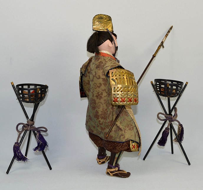japanese antique doll of a Samurai warrior with spear, Meiji era