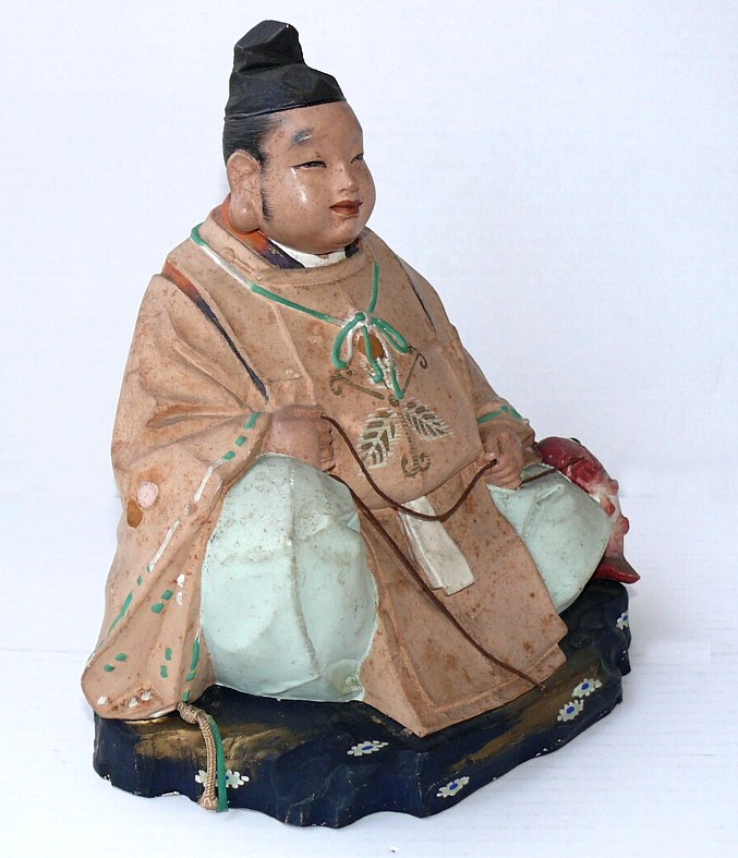 Ebisu with fish, Japanese antique clay doll
