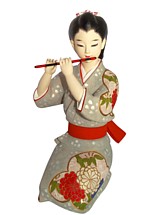 japanese hakata doll of a sitting girl playing the flute