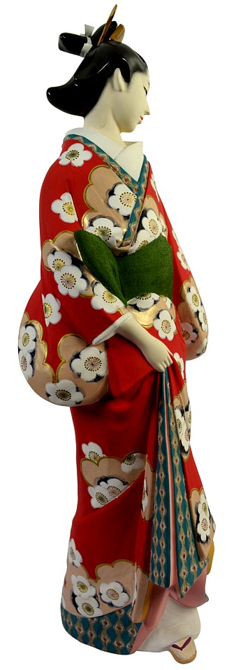 japanese hakata clay doll of a young woman in red kimono with sakura motif, 1980's