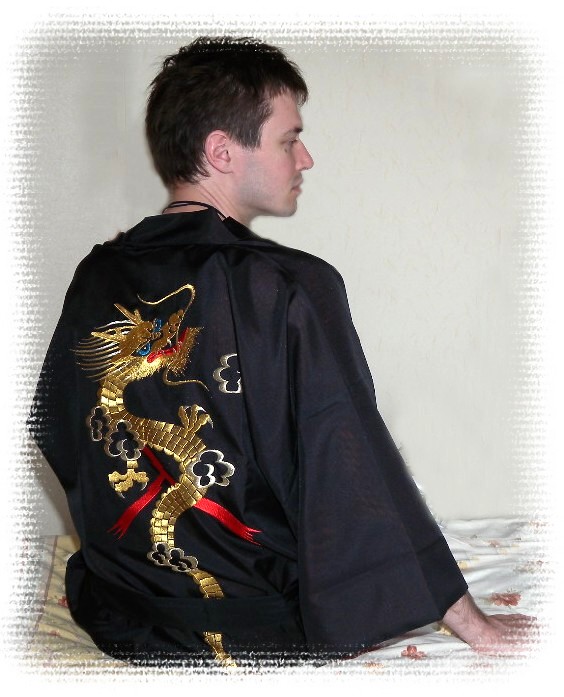 japanese modern kimono gown with embroidered image of DRAGON