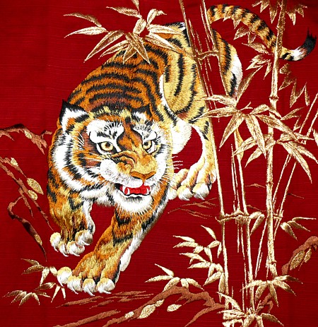 embroidered image of a tiger on japanese modern kimono