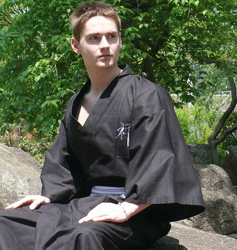 Japanese cotton embroidered black kimono