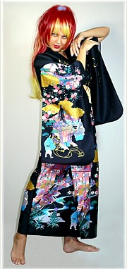 japanese cotton printed kimono modern Golden Carriage, black color