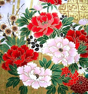 japanese kimono Flowers and Golden Mist fabric pattern