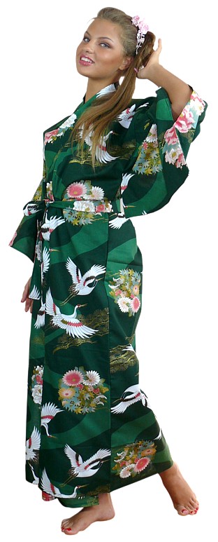 japanese woman pure cotton large size kimono, emerald-green color
