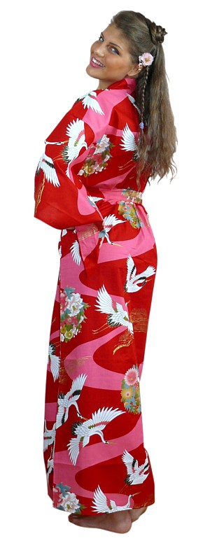 japanese woman pure cotton large size kimono, crimson-red color