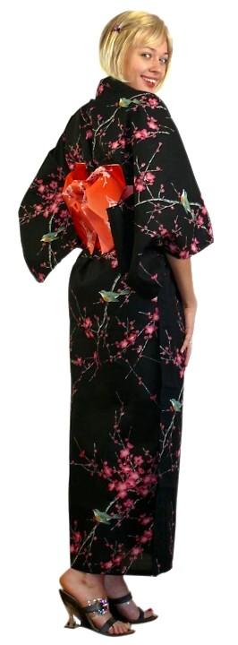 japanese woman's traditional cotton kimono and pre-tied obi belt