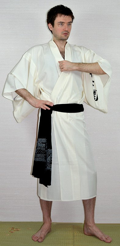 japanese man's traditional clothes: silk kimono and silk heko obi belt