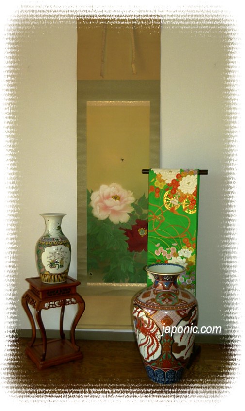 japanese traditional obi belt for kimono and japanese porcelain vases