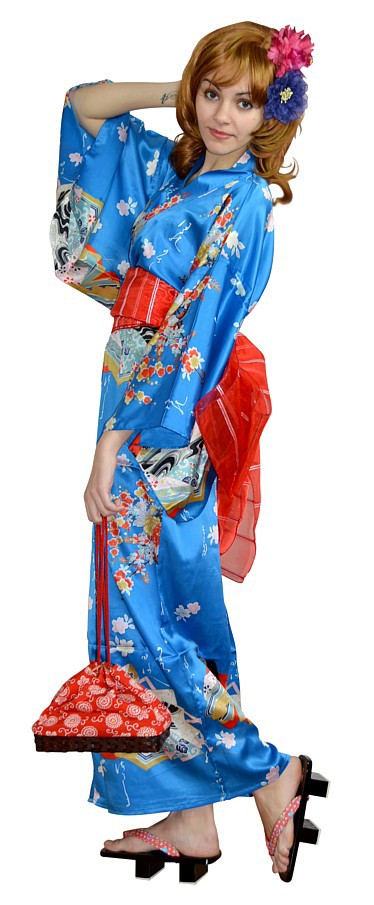 japanese silk kimono, wooden geta sandals and traditional kimono bag