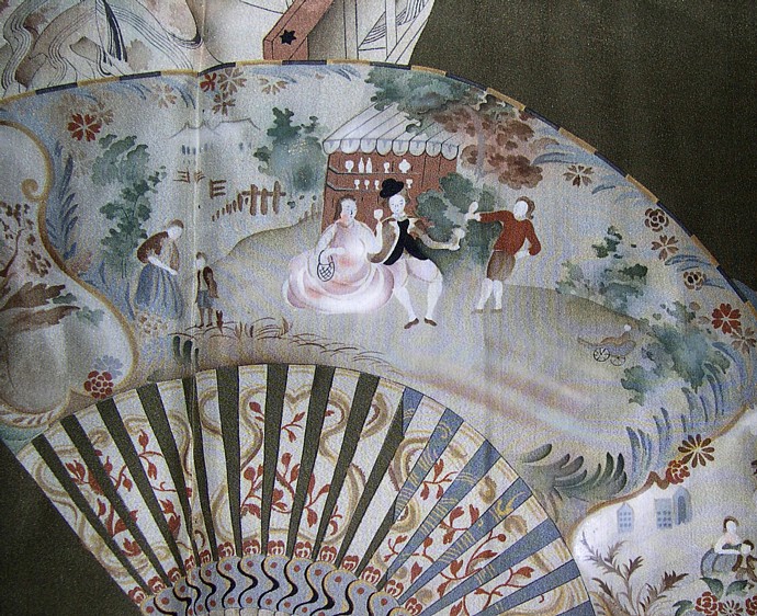 detail of painting on the lining of Japanese man's traditional sil haori jacket