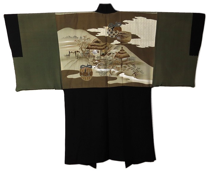 japanese man's traditional outfit: silk haori jacket, antique