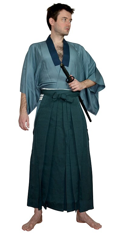 japanese outfit: hakama pants, kimono, obi belt