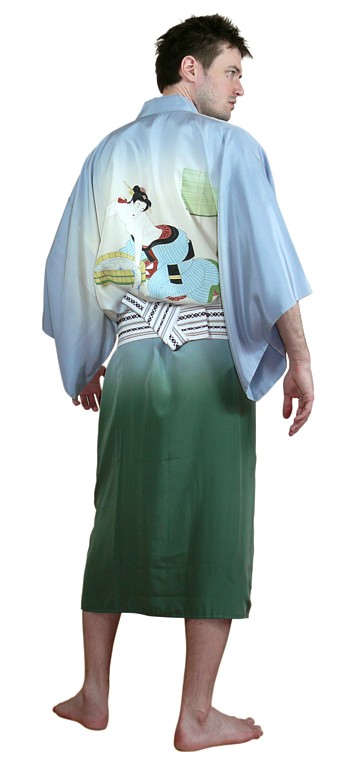 japanese silk man's kimono with erotic scene and obi belt