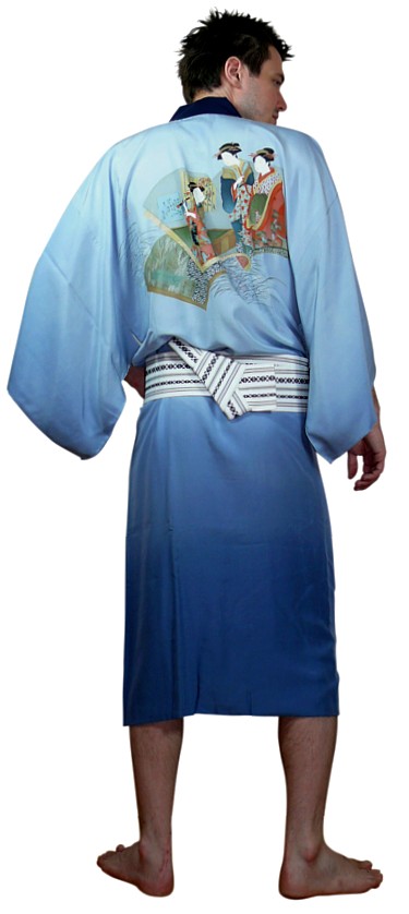 japanese man's silk  kimono with hand painting scene ob kimono's back