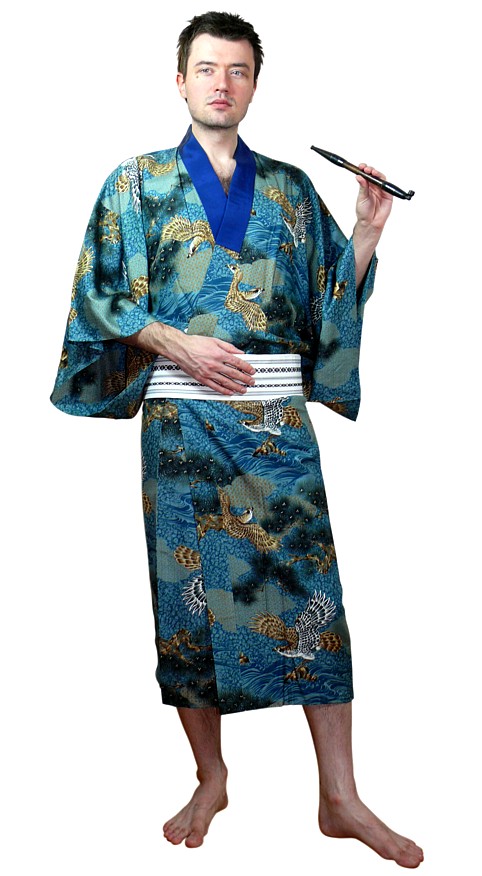 japanese man's silk vintage kimono and smoking pipe - weapon